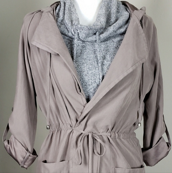 Becool Tan Hooded Utility Jacket Coat Women's Medium Drawstring Roll Tab Sleeves - Picture 6 of 11